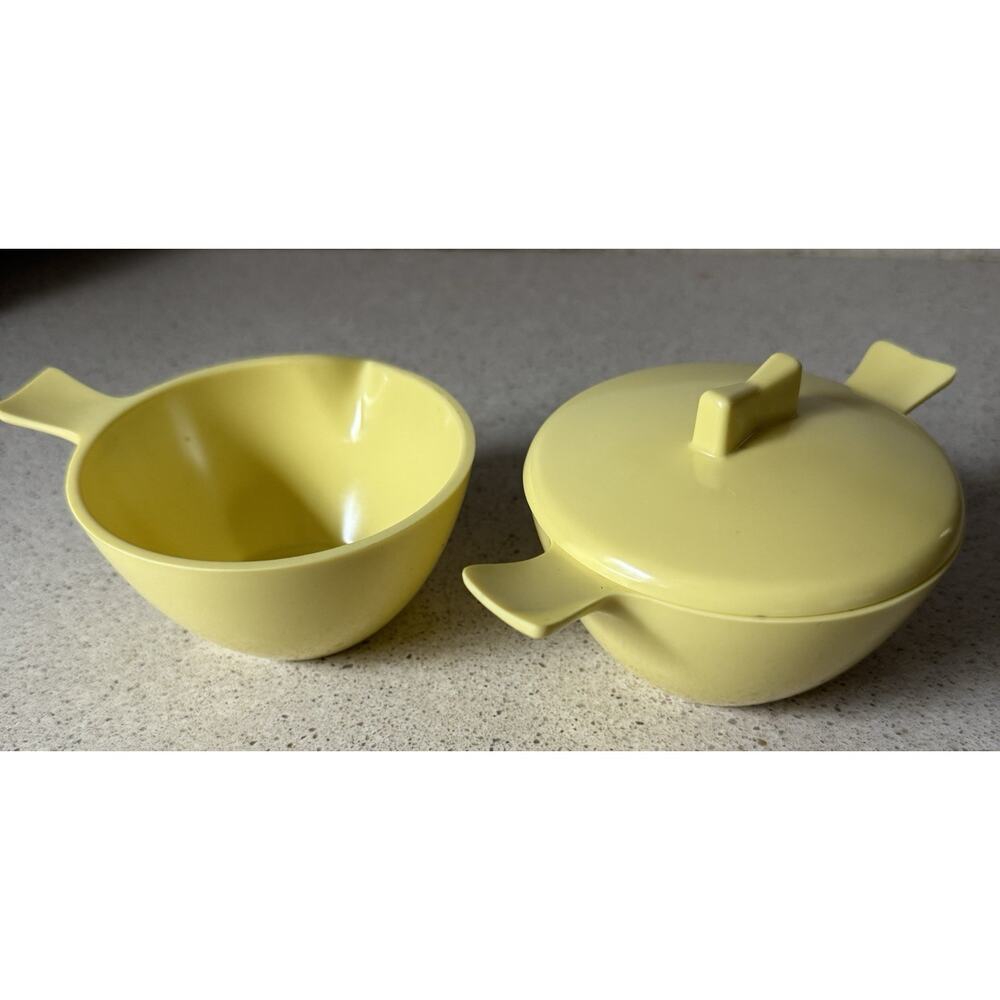 Vtg 50s 60s Stetson Melmac Lemon Yellow Cream & Sugar Lid Bowl Atomic Retro